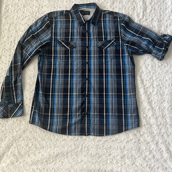 INC International Concepts Blue Black Gray plaid shirt Convertible sleeves Sz L. - Picture 2 of 10